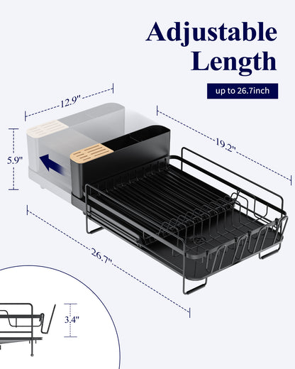 Sakugi Extendable Dish Drying Rack, Anti-Rust Dish Rack for Kitchen Counter, 19.2"-26.7" L x 12.9" W, Black