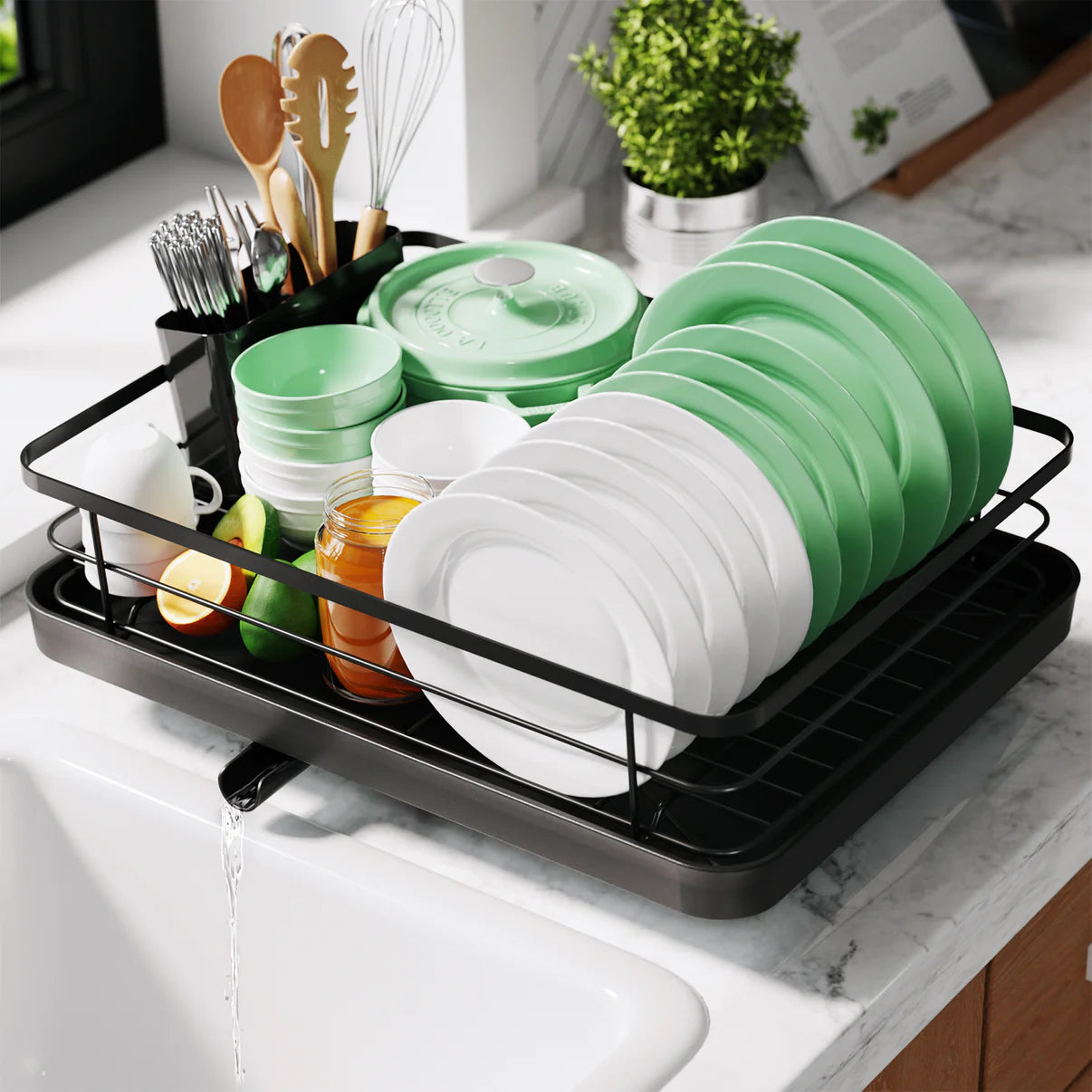 Sakugi Dish Drying Rack - Compact Dish Rack for Kitchen Counter with a Cutlery Holder, Durable Stainless Steel Kitchen Dish Rack for Various Tableware, Dish Drying Rack with Easy Installation, Black