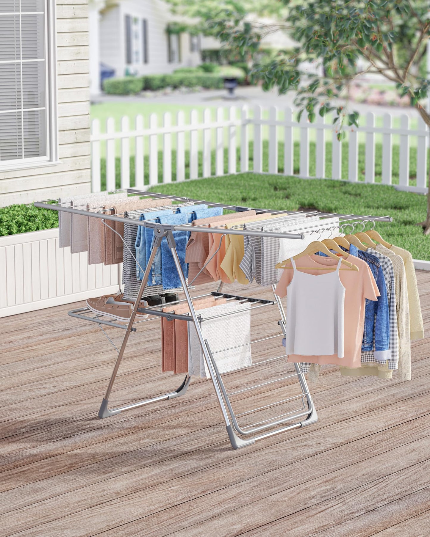Sakugi Clothes Drying Rack - Space-Saving Foldable Laundry Drying Rack for Clothing & Bedding, Easy-to-Assemble Metal Airer with Non-Slip Feet, Indoor & Outdoor Use, 55.5"×22.8"×36.6"