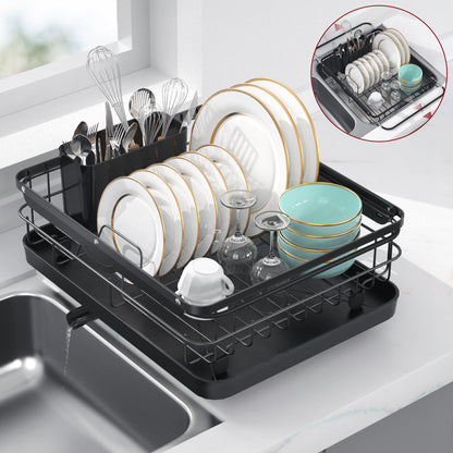 Sakugi Sink Drying Rack Expandable - Stainless Steel Dish Drying Rack with Drainboard Used on Kitchen Counter, Over Sink and In Sink, Black