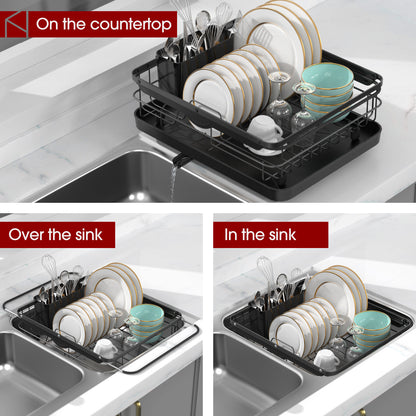 Sakugi Sink Drying Rack Expandable - Stainless Steel Dish Drying Rack with Drainboard Used on Kitchen Counter, Over Sink and In Sink, Black