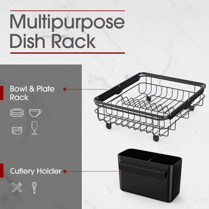 Sakugi Sink Drying Rack Expandable - Stainless Steel Dish Drying Rack with Drainboard Used on Kitchen Counter, Over Sink and In Sink, Black