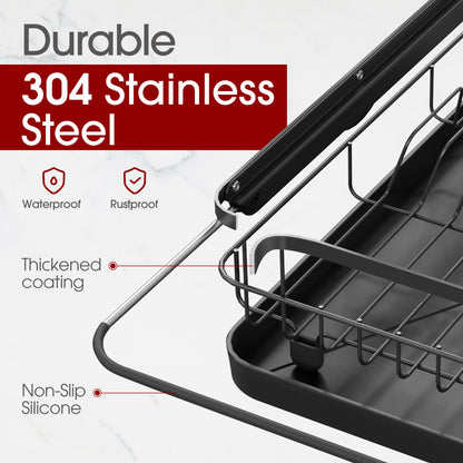 Sakugi Sink Drying Rack Expandable - Stainless Steel Dish Drying Rack with Drainboard Used on Kitchen Counter, Over Sink and In Sink, Black