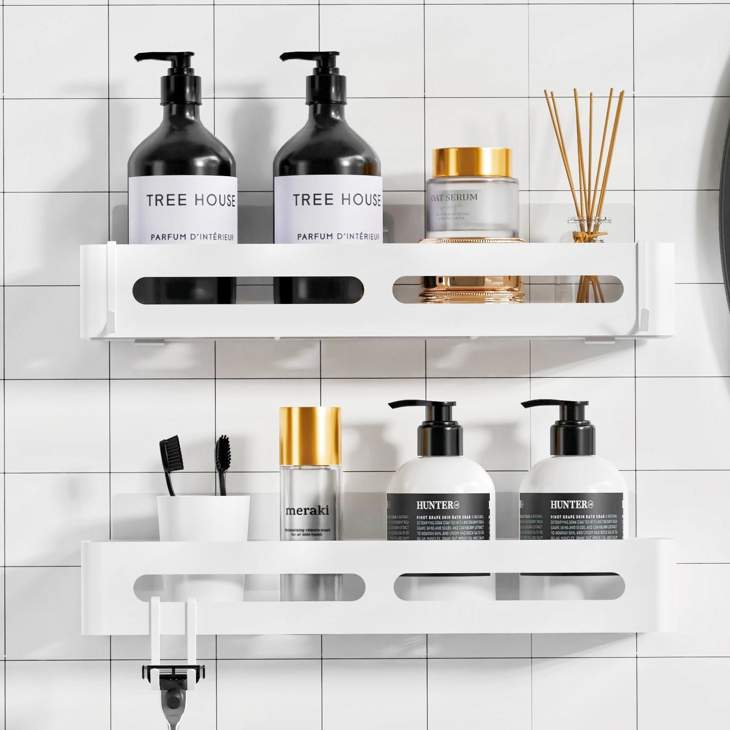 Sakugi Shower Caddy - Large Adhesive Shower Organizer, Rustproof Shower Shelves for inside Shower, Premium 304 Stainless Steel Shower Rack for Bathroom, No Drilling Required, White, 2 Pack
