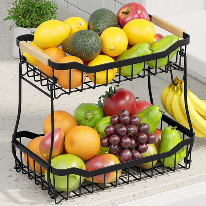 Sakugi Fruit Basket - 2 Tier Fruit Basket for Kitchen Counter, Detachable Fruit Vegetable Basket with Banana Hanger, Metal Countertop Fruit Stand with Wooden Handle
