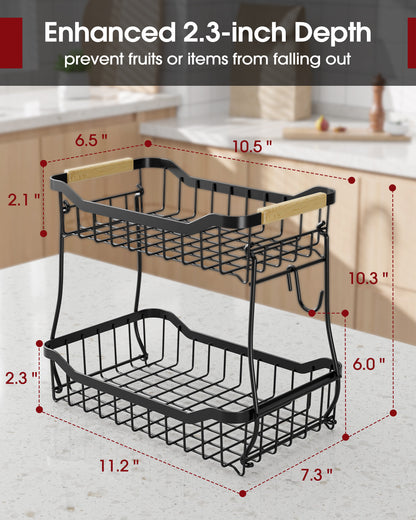 Sakugi Fruit Basket - 2 Tier Fruit Basket for Kitchen Counter, Detachable Fruit Vegetable Basket with Banana Hanger, Metal Countertop Fruit Stand with Wooden Handle