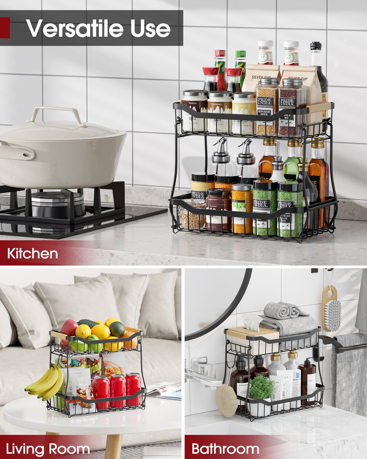 Sakugi 2-Tier Fruit Basket with Wooden Handle, Detachable Fruit Basket for Kitchen counter, Black, 7.3" D x 11.2" W x 10.3" H