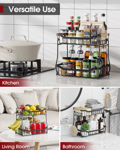 Sakugi 2-Tier Fruit Basket with Wooden Handle, Detachable Fruit Basket for Kitchen counter, Black, 7.3" D x 11.2" W x 10.3" H