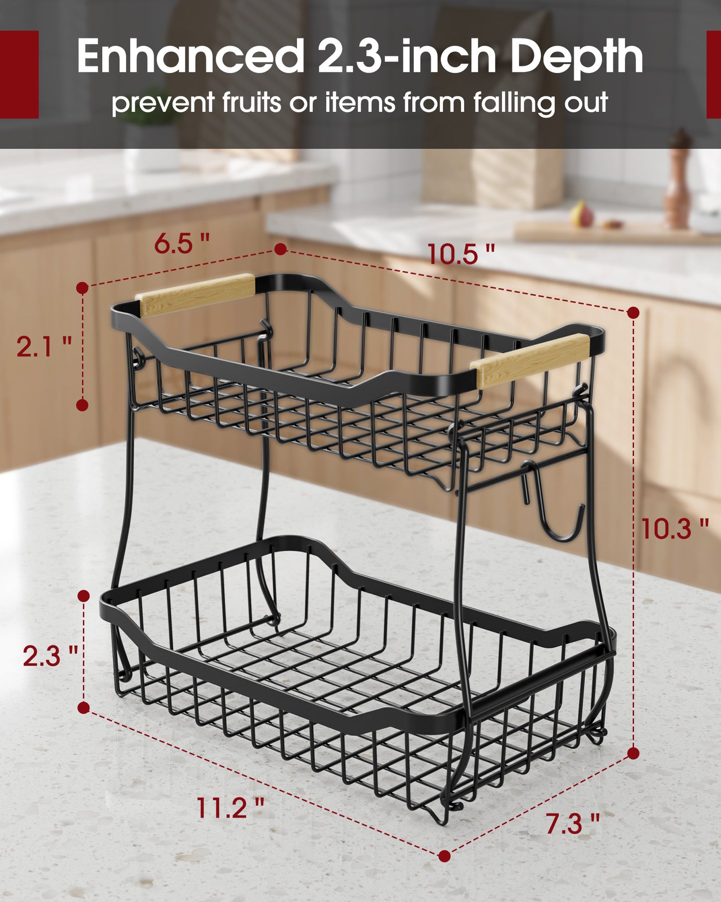Sakugi 2-Tier Fruit Basket with Wooden Handle, Detachable Fruit Basket for Kitchen counter, Black, 7.3" D x 11.2" W x 10.3" H