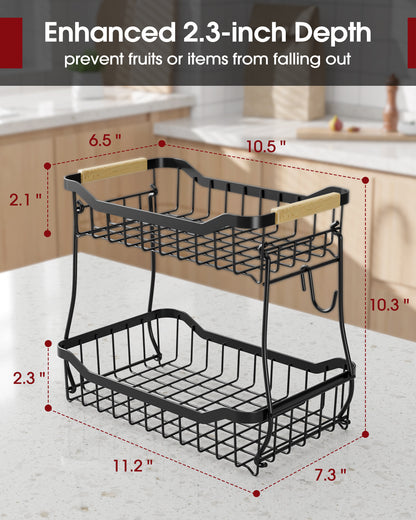 Sakugi 2-Tier Fruit Basket with Wooden Handle, Detachable Fruit Basket for Kitchen counter, Black, 7.3" D x 11.2" W x 10.3" H