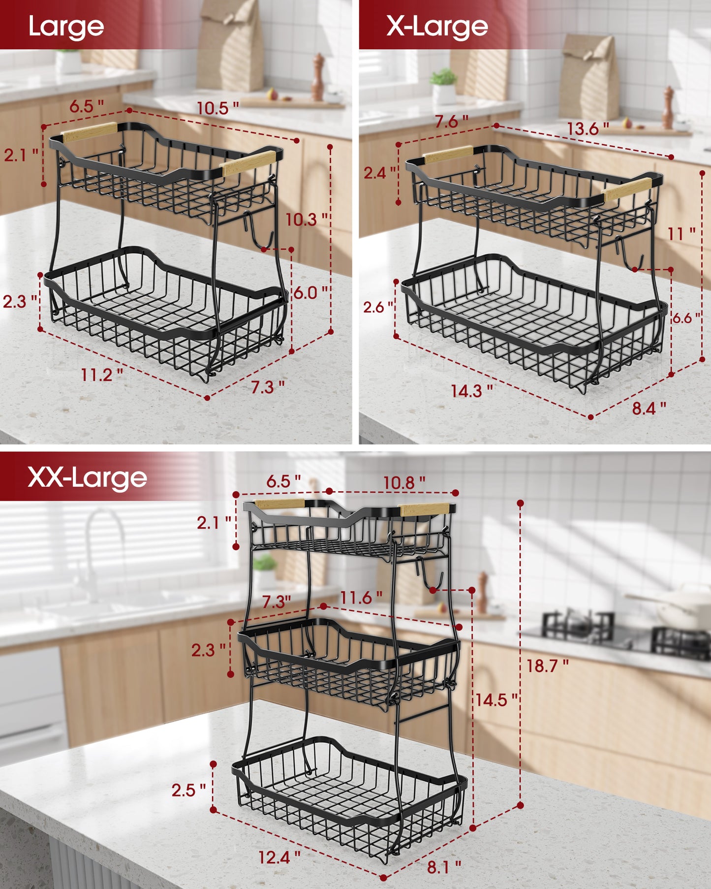 Sakugi 2-Tier Fruit Basket with Wooden Handle, Detachable Fruit Basket for Kitchen counter, Black, 7.3" D x 11.2" W x 10.3" H