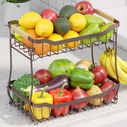 Sakugi Fruit Basket - 2 Tier Fruit Basket for Kitchen Counter, Detachable Fruit Vegetable Basket with Banana Hanger, Metal Countertop Fruit Stand with Wooden Handle