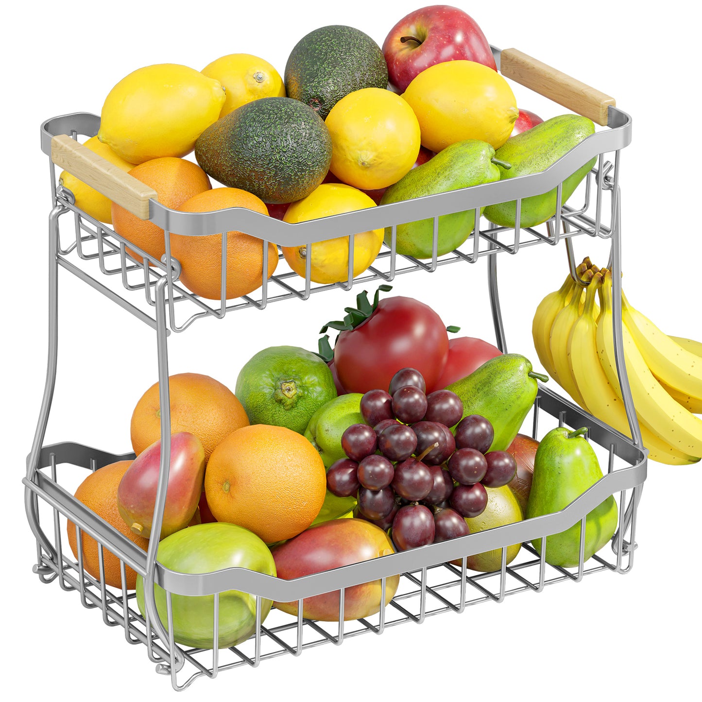 Sakugi Fruit Basket - 2 Tier Fruit Basket for Kitchen Counter, Detachable Fruit Vegetable Basket with Banana Hanger, Metal Countertop Fruit Stand with Wooden Handle