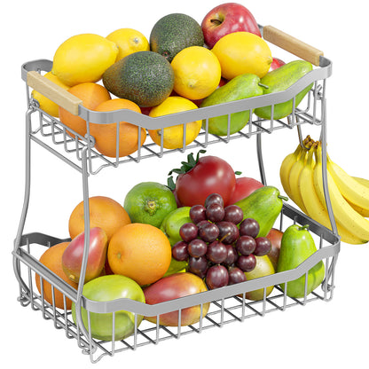 Sakugi Fruit Basket - 2 Tier Fruit Basket for Kitchen Counter, Detachable Fruit Vegetable Basket with Banana Hanger, Metal Countertop Fruit Stand with Wooden Handle