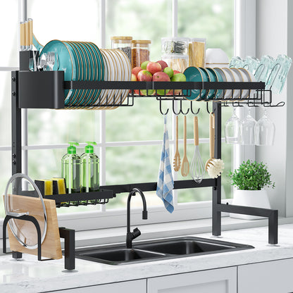 Sakugi Over The Sink Dish Drying Rack, 30" -33.9" L x 11" W x 21" H Expandable Dish Drainer, Stainless Steel Dish Rack, Black
