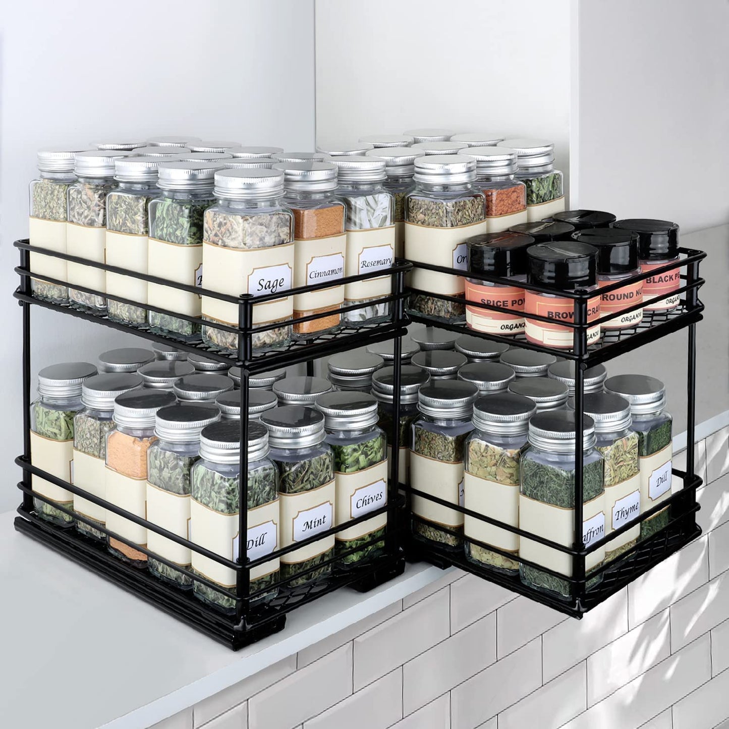 Spice Rack Organizer for Cabinet - Pull Out Double Tier Spice Rack