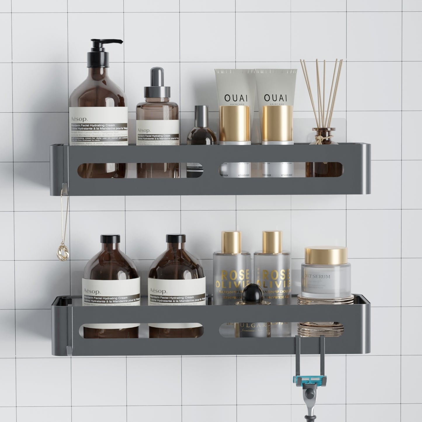 Sakugi Shower Caddy - X-Large Adhesive Shower Organizer, Rustproof Shower Shelves for inside Shower, Premium 304 Stainless Steel Shower Rack for Bathroom, No Drilling Required, Grey, 2 Pack