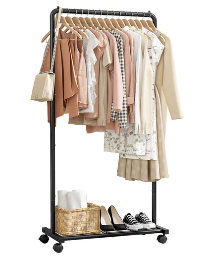 Sakugi Clothes Rack - Black Clothing Rack with Wheels, Multi-Functional Clothing Racks for Hanging Clothes and Shoes, Large Capacity Garment Rack for Bedroom, Living Room, Office