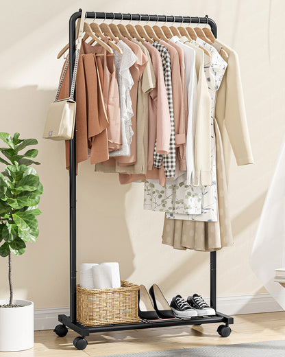 Sakugi Clothes Rack - Black Clothing Rack with Wheels, Multi-Functional Clothing Racks for Hanging Clothes and Shoes, Large Capacity Garment Rack for Bedroom, Living Room, Office