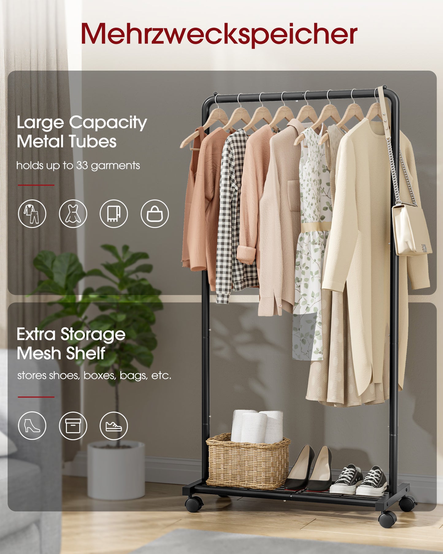 Sakugi Clothes Rack with Wheels, Clothing Racks for Hanging Clothes and Shoes