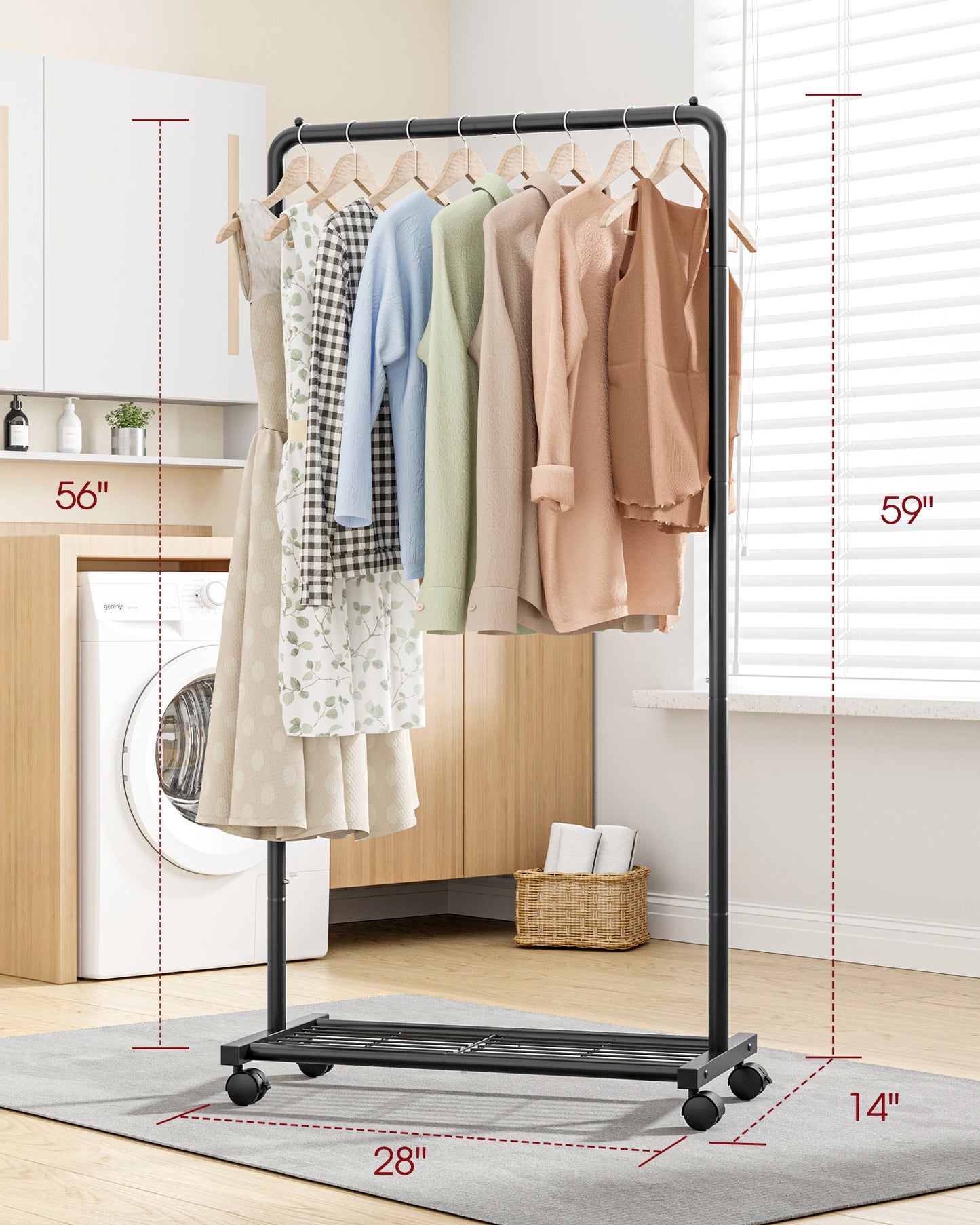 Sakugi Clothes Rack with Wheels, Clothing Racks for Hanging Clothes and Shoes