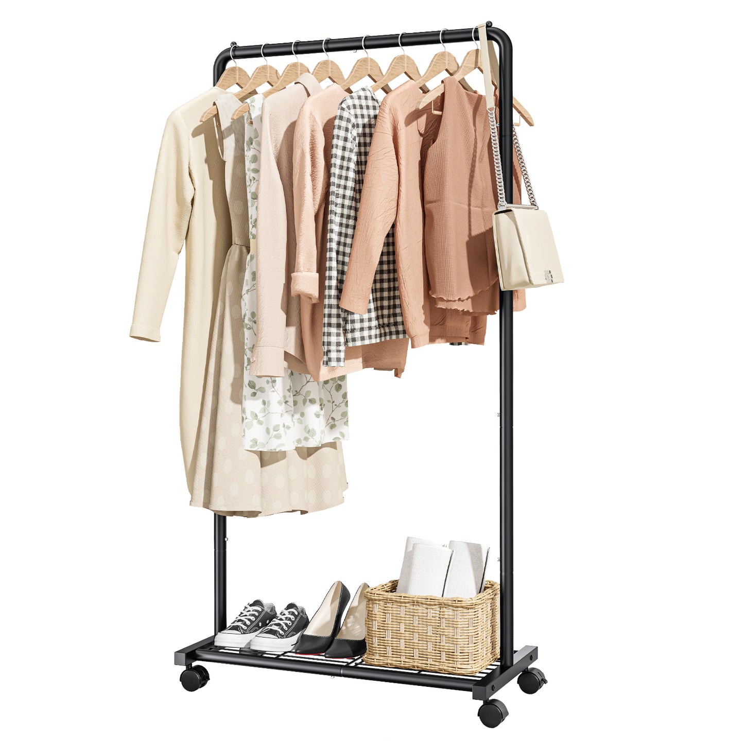Sakugi Clothes Rack with Wheels, Clothing Racks for Hanging Clothes and Shoes, Black