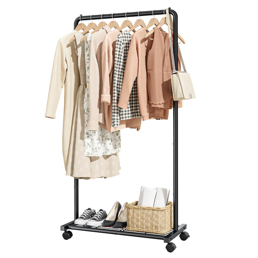 Sakugi Clothes Rack with Wheels, Clothing Racks for Hanging Clothes and Shoes, Black