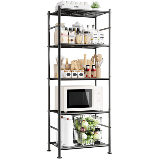 Sakugi 5-Tier Metal Storage Shelves, 18" W x 12" D x 57" H, Adjustable Feet, Black