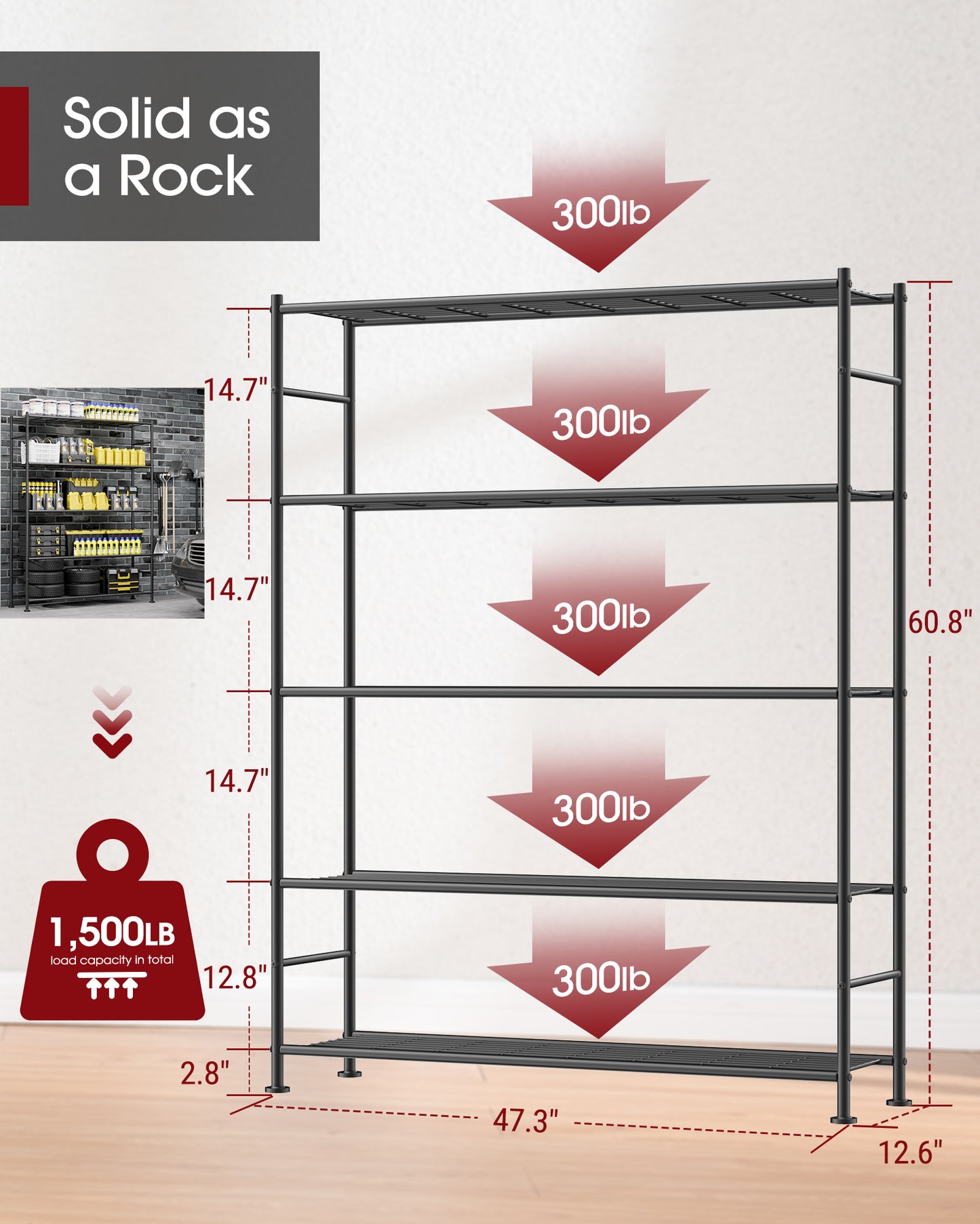 Sakugi 5-Tier Heavy Duty Wire Shelving Unit, 47.2 x 12.6 x 60.8 Inches, 1000 lb Capacity, Black