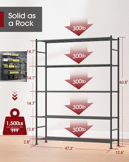 Sakugi 5-Tier Heavy Duty Wire Shelving Unit, 47.2 x 12.6 x 60.8 Inches, 1000 lb Capacity, Black