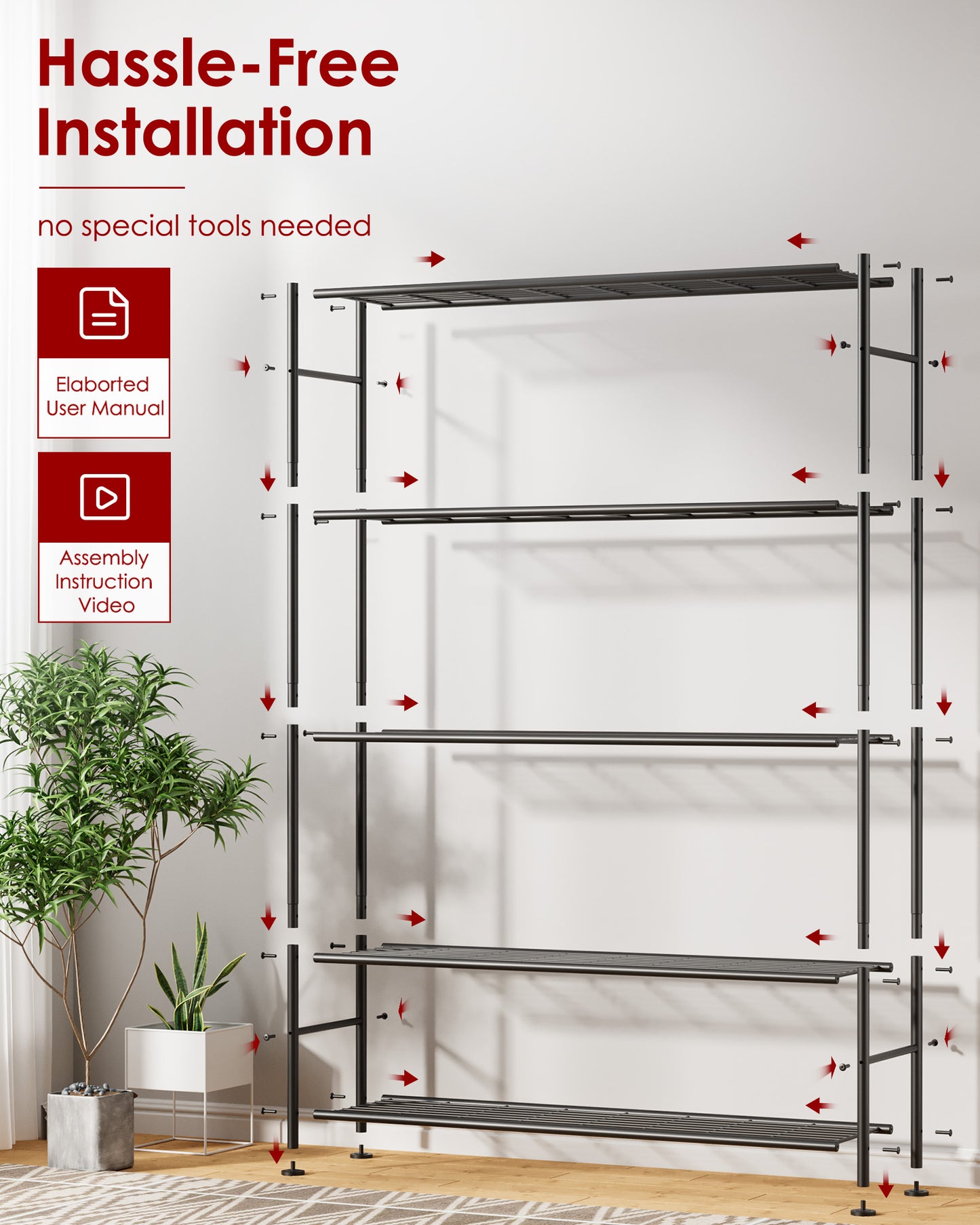 Sakugi 5-Tier Heavy Duty Wire Shelving Unit, 47.2 x 12.6 x 60.8 Inches, 1000 lb Capacity, Black