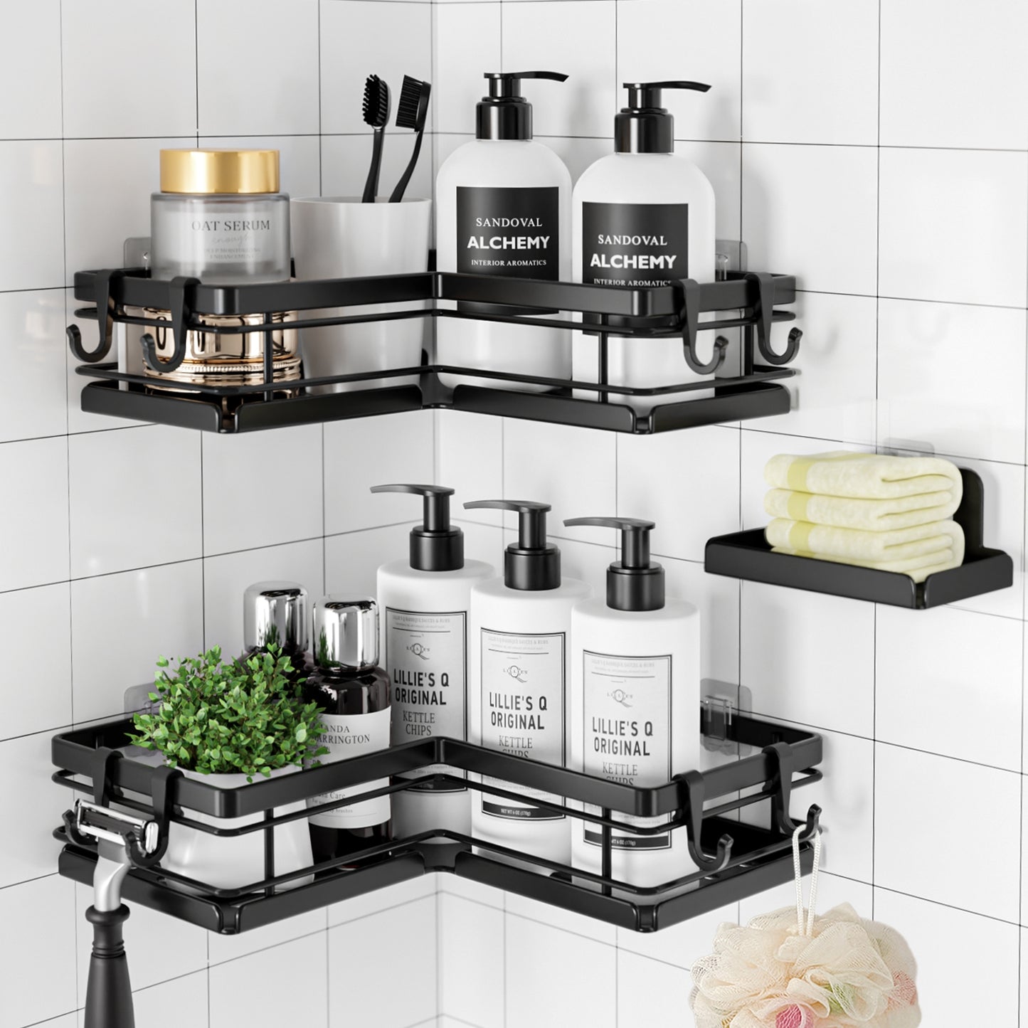 Sakugi Shower Caddy - 3 Piece Set, Corner Shower Shelves with Hooks & Soap Holder, Rustproof Adhesive Shower Caddy for Corner, No Drilling Shower Shelf for Inside Shower, Shower Organizer, Black