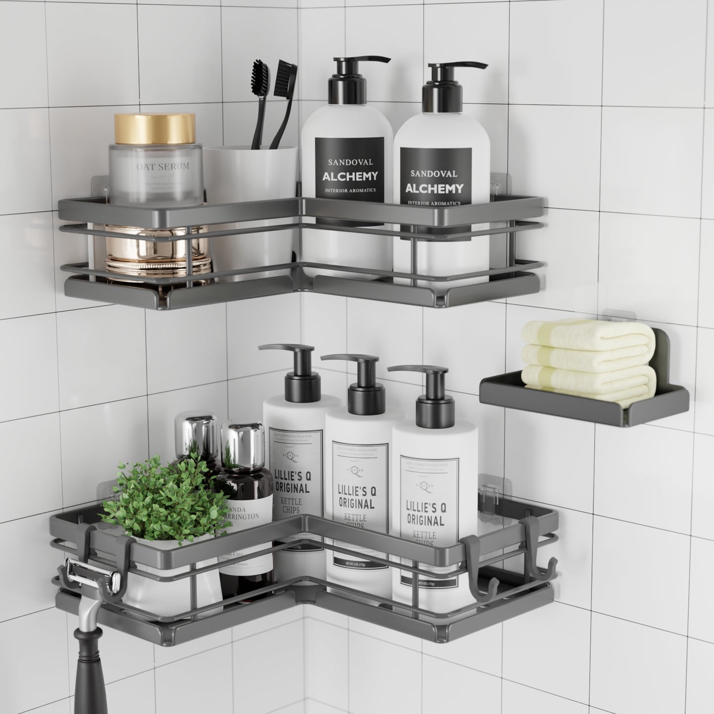 Sakugi Shower Caddy - 3 Piece Set, Corner Shower Shelves with Hooks & Soap Holder, Rustproof Adhesive Shower Caddy for Corner, No Drilling Shower Shelf for Inside Shower, Shower Organizer, Grey