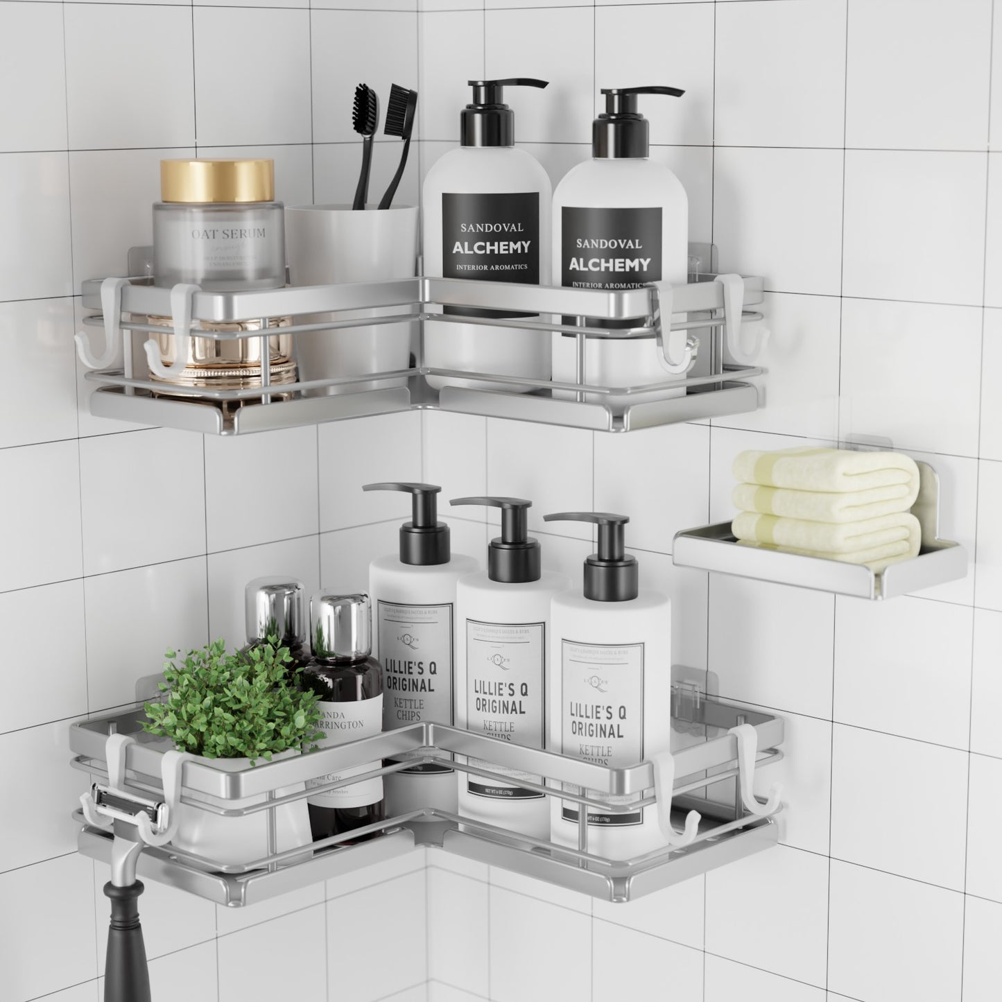 Sakugi Shower Caddy - 3 Piece Set, Corner Shower Shelves with Hooks & Soap Holder, Rustproof Adhesive Shower Caddy for Corner, No Drilling Shower Shelf for Inside Shower, Shower Organizer, Silver