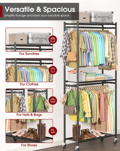 Sakugi Clothes Rack, Heavy-Duty Garment Rack with Shelves & Wheels, Freestanding Wardrobe Organizer with Hooks, Ideal for Bedroom, Laundry, or Balcony, 33.0" x 12.2" x 79.5", Black