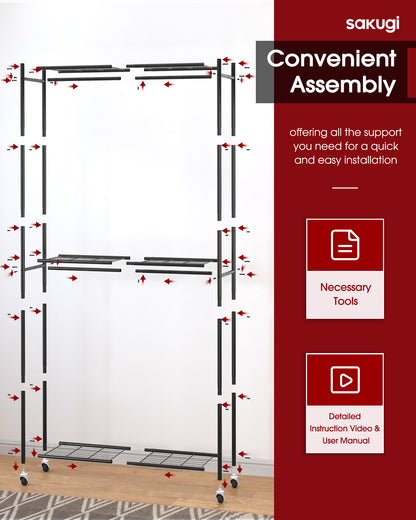 Sakugi Clothes Rack, Heavy-Duty Garment Rack with Shelves & Wheels, Freestanding Wardrobe Organizer with Hooks, Ideal for Bedroom, Laundry, or Balcony, 32.5" x 11.9" x 78.9", Black