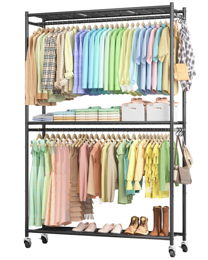 Sakugi Clothes Rack, Heavy-Duty Garment Rack with Shelves & Wheels, Freestanding Wardrobe Organizer with Hooks, Ideal for Bedroom, Laundry, or Balcony, 32.5" x 11.9" x 78.9", Black