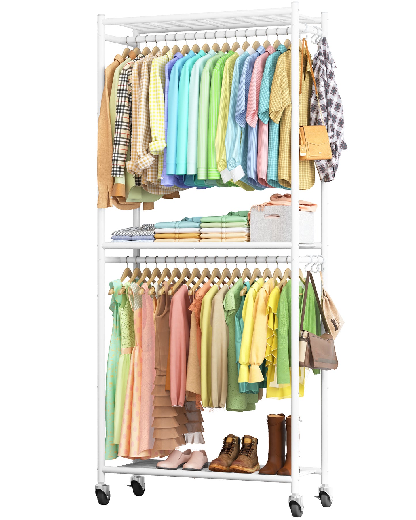 Sakugi Clothes Rack, Heavy-Duty Garment Rack with Shelves & Wheels, Freestanding Wardrobe Organizer with Hooks, Ideal for Bedroom, Laundry, or Balcony, 33.0" x 12.2" x 79.5", Black