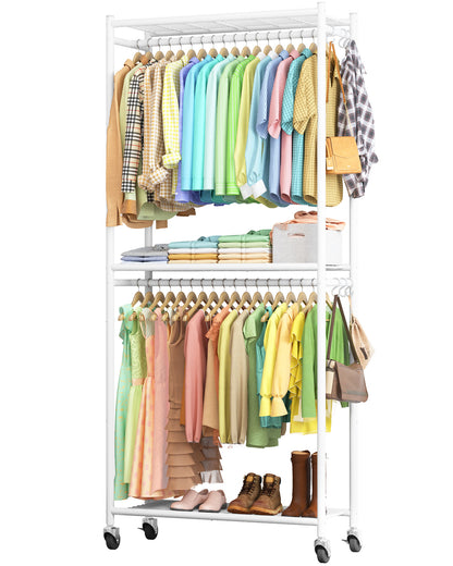 Sakugi Clothes Rack, Heavy-Duty Garment Rack with Shelves & Wheels, Freestanding Wardrobe Organizer with Hooks, Ideal for Bedroom, Laundry, or Balcony, 33.0" x 12.2" x 79.5", Black