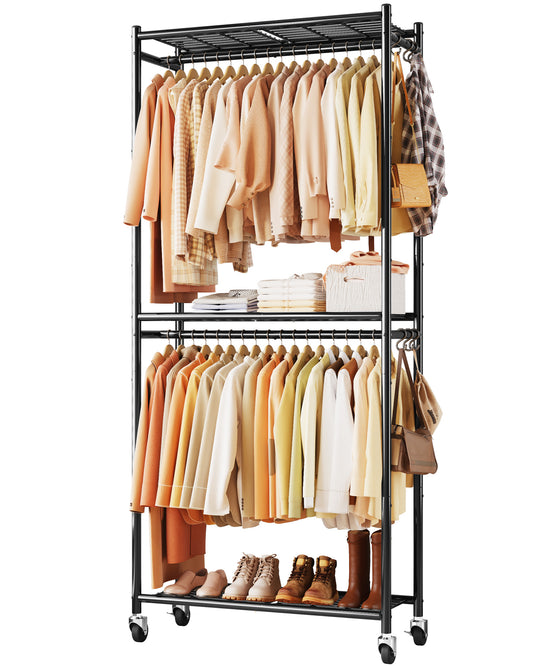 Sakugi Clothes Rack, Heavy-Duty Garment Rack with Shelves & Wheels, Freestanding Wardrobe Organizer with Hooks, Ideal for Bedroom, Laundry, or Balcony, 33.0" x 12.2" x 79.5", Black