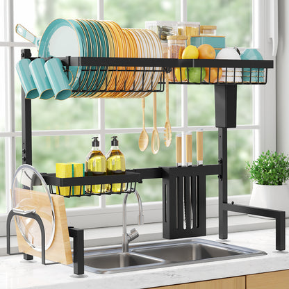 Sakugi Dish Drying Rack Over The Sink - Large Capacity Stainless Steel Dish Drainer, Multifunctional Kitchen Organizer, Black, 11" D x 30"~33.9''W x 21.5" H