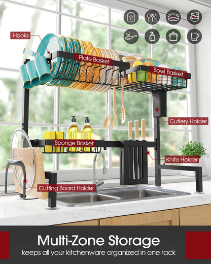 Sakugi Dish Drying Rack Over The Sink - Large Capacity Stainless Steel Dish Drainer, Multifunctional Kitchen Organizer, Black, 11" D x 30"~33.9''W x 21.5" H