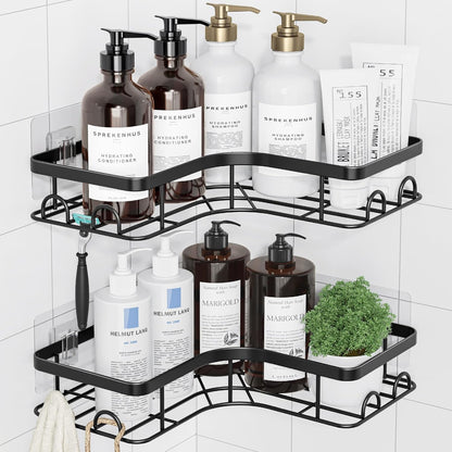 Sakugi Corner Shower Caddy - 2 Pack, Adhesive Shower Organizers, Rustproof Stainless Steel Shower Shelves with 8 Hooks, No Drilling Bathroom Organizers and Storage Racks, Space-Saving, Black