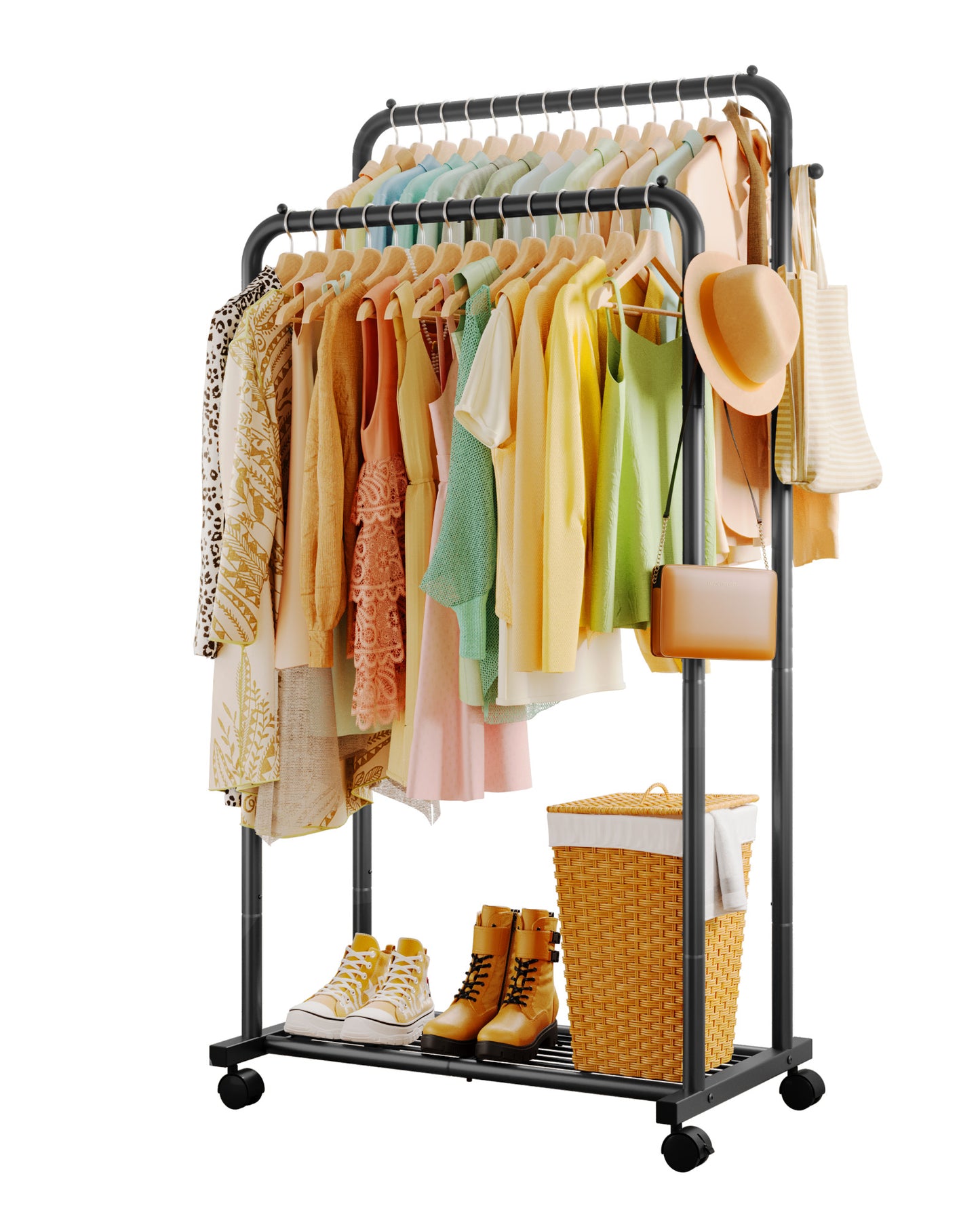 Sakugi Clothes Rack - Double Rods Clothing Rack with Mesh Shelf, Hooks & Wheels, Metal Clothing Racks for Hanging Clothes & Bags, Multifunctional Garment Rack for Laundry, Living Room