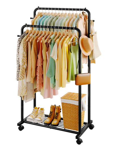 Sakugi Clothes Rack - Double Rods Clothing Rack with Mesh Shelf, Hooks & Wheels, Metal Clothing Racks for Hanging Clothes & Bags, Multifunctional Garment Rack for Laundry, Living Room