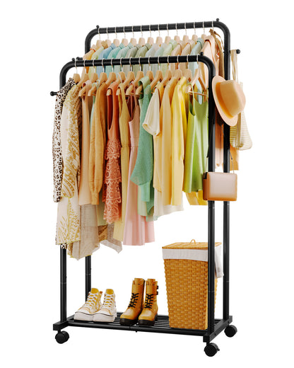 Sakugi Clothes Rack - Double Rods Clothing Rack with Mesh Shelf, Hooks & Wheels, Metal Clothing Racks for Hanging Clothes & Bags, Multifunctional Garment Rack for Laundry, Living Room
