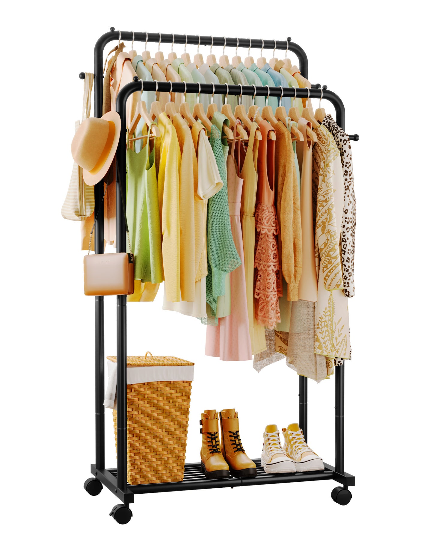 Sakugi Clothes Rack, Double-Rod Garment Rack with Hooks & Mesh Shlef, Versatile Clothing Racks for Hanging Clothes, Hats, Bags, Portable Hanger for Bedroom, Laundry, 32.7"×16"×59.1", Black