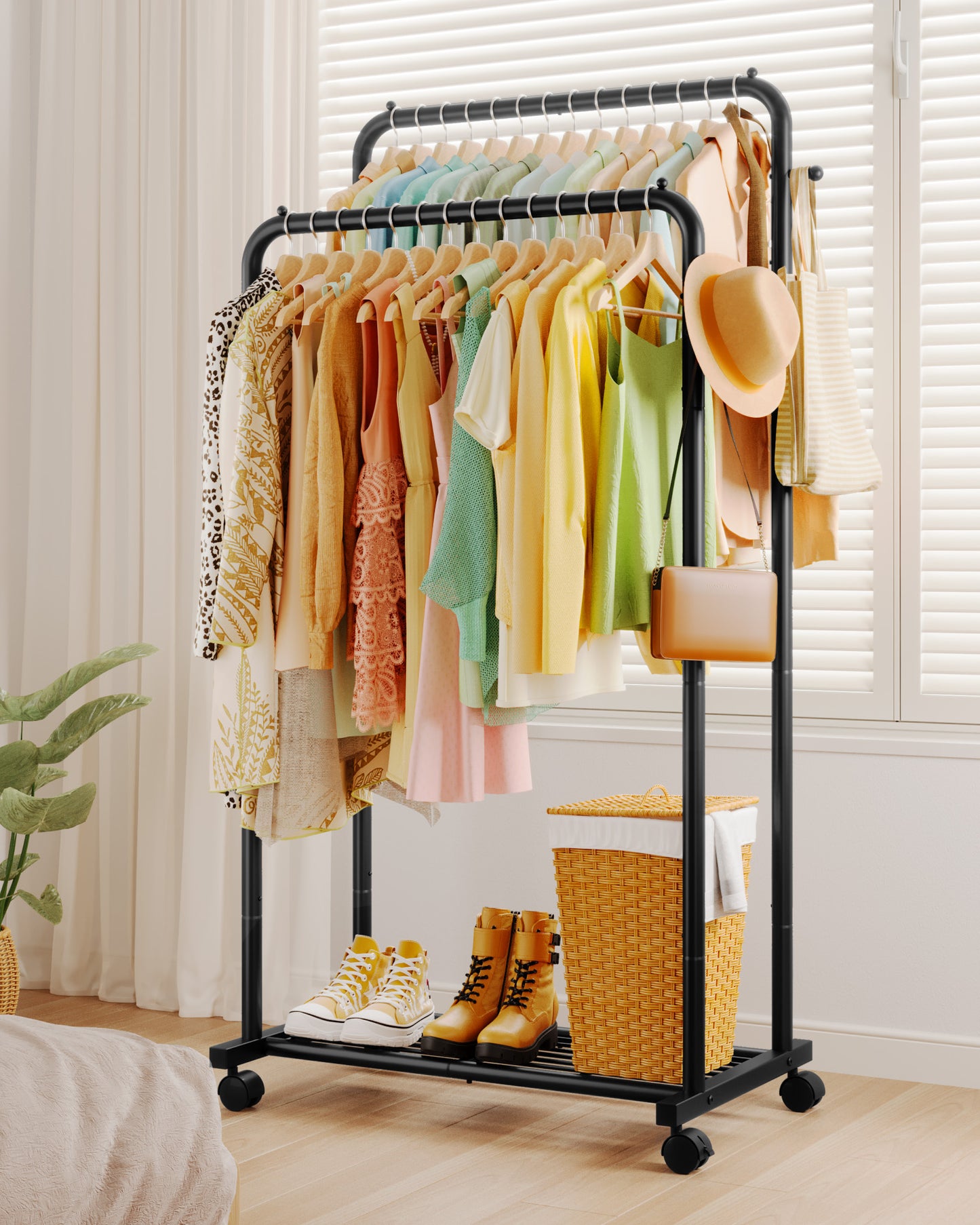 Sakugi Clothes Rack - Double Rods Clothing Rack with Mesh Shelf, Hooks & Wheels, Metal Clothing Racks for Hanging Clothes & Bags, Multifunctional Garment Rack for Laundry, Living Room