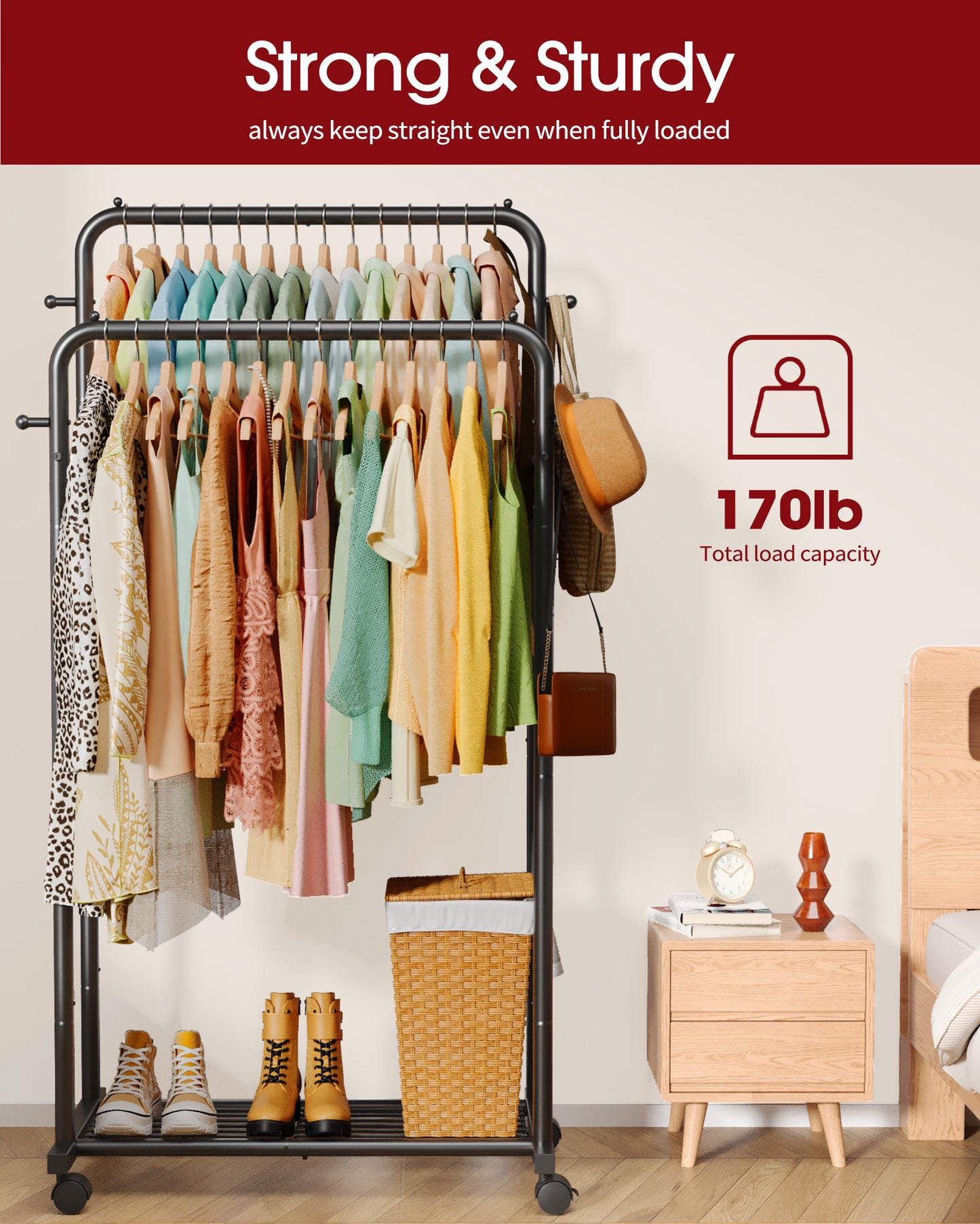Sakugi Clothes Rack - Double Rods Clothing Rack with Mesh Shelf, Hooks & Wheels, Metal Clothing Racks for Hanging Clothes & Bags, Multifunctional Garment Rack for Laundry, Living Room