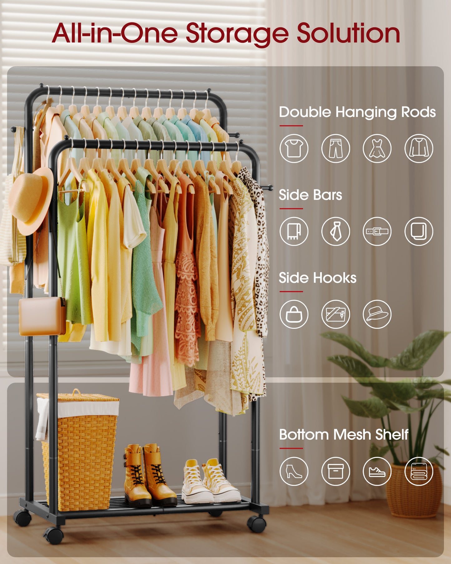 Sakugi Clothes Rack - Double Rods Clothing Rack with Mesh Shelf, Hooks & Wheels, Metal Clothing Racks for Hanging Clothes & Bags, Multifunctional Garment Rack for Laundry, Living Room